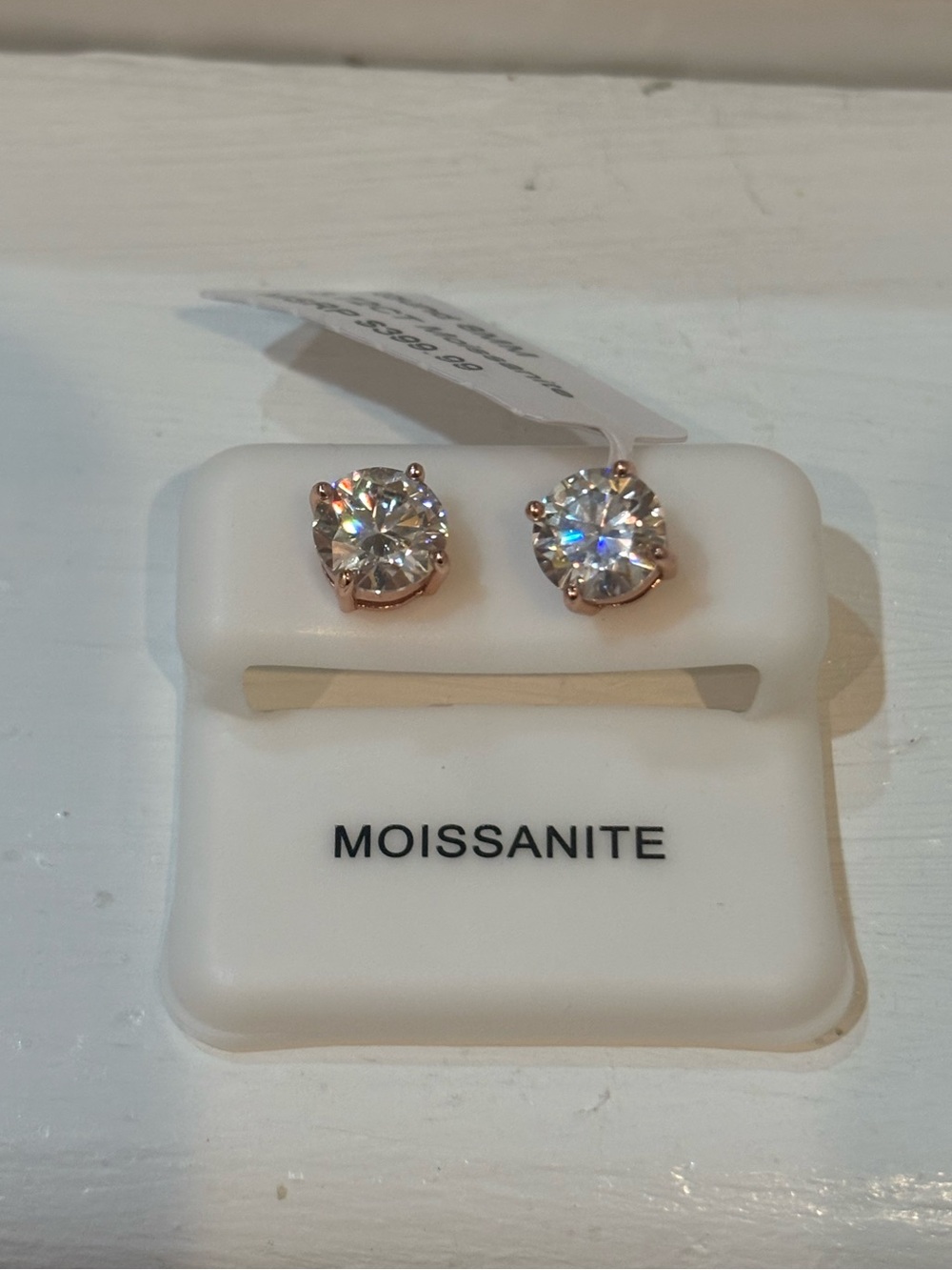 Moissanite Stud Earrings in Rose Gold over sterling silver studs